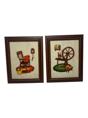 Vintage 70’s Crewel Framed Pair - Rocking Chair & Spinning Wheel